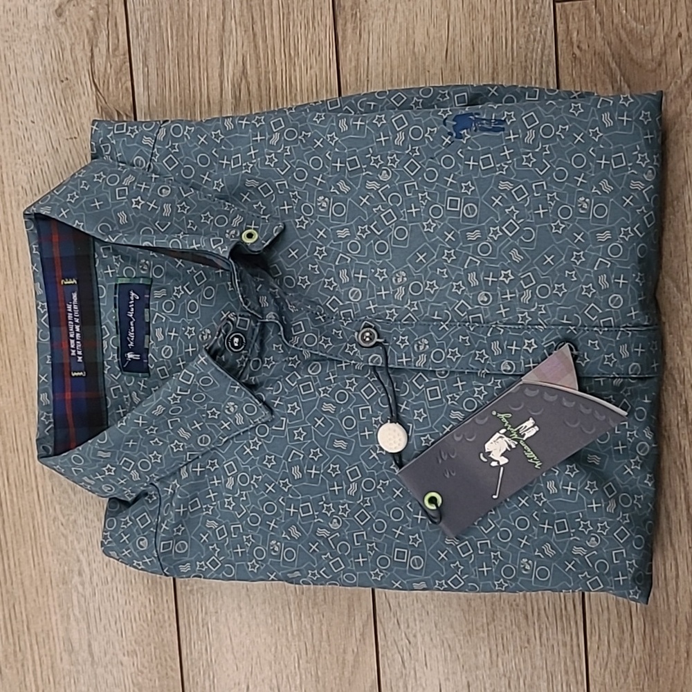 WILLIAM MURRAY Golf Dark Blue‎ Grey Abstract Mens Large Long Sleeve Shirt NEW